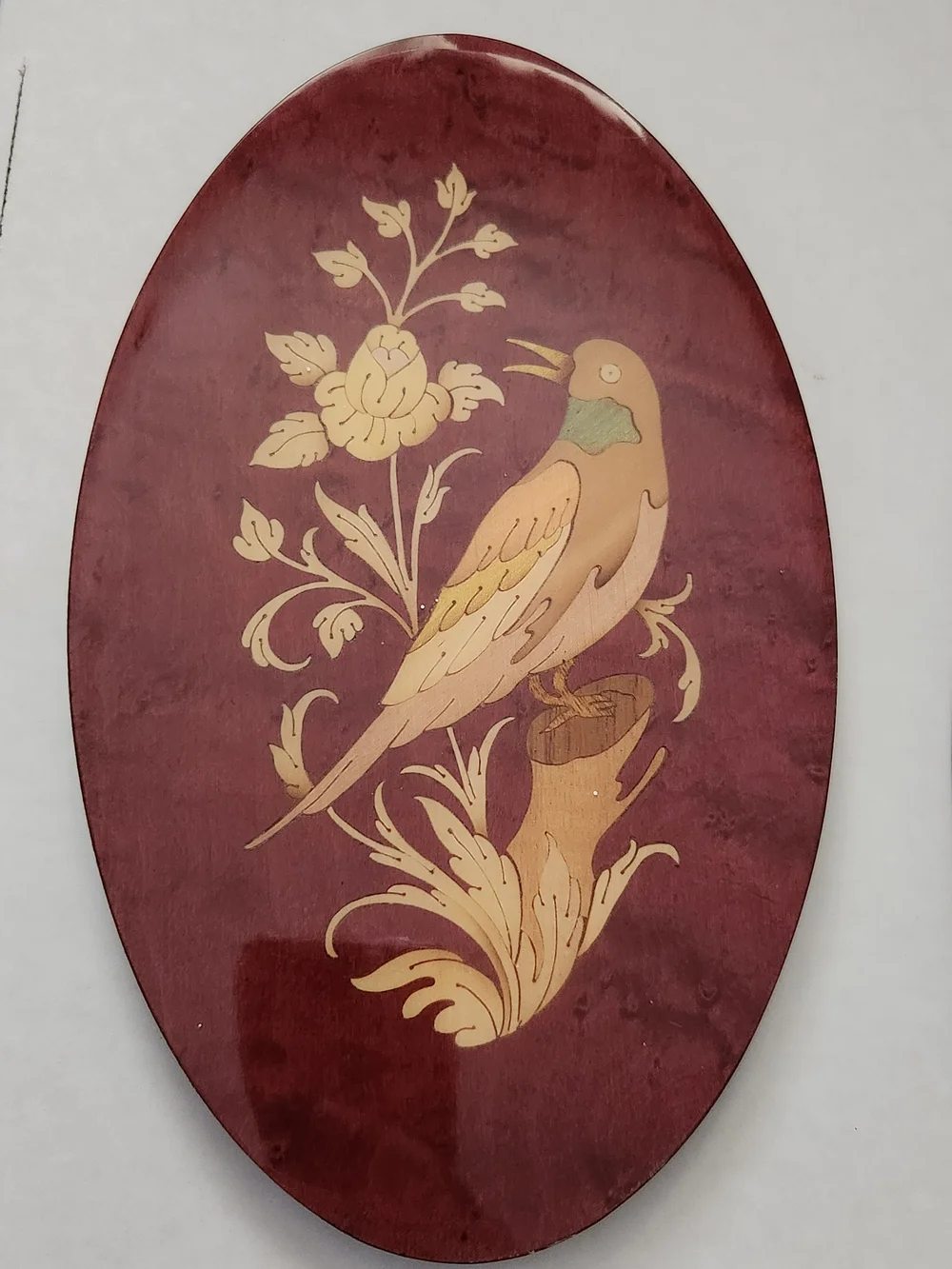 Two A. Stinga Inlaid Wood Birds Oval Plaques Sorrento Italy Blue Burgandy